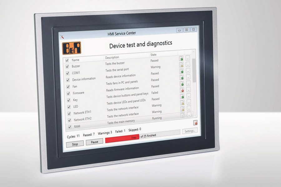 HMI Service Center는 PC의 간단한 설명 및 PC 상태에 대한 테스트를 표시한다. B&R HMI Service Center에서 성능 데이터 및 진단